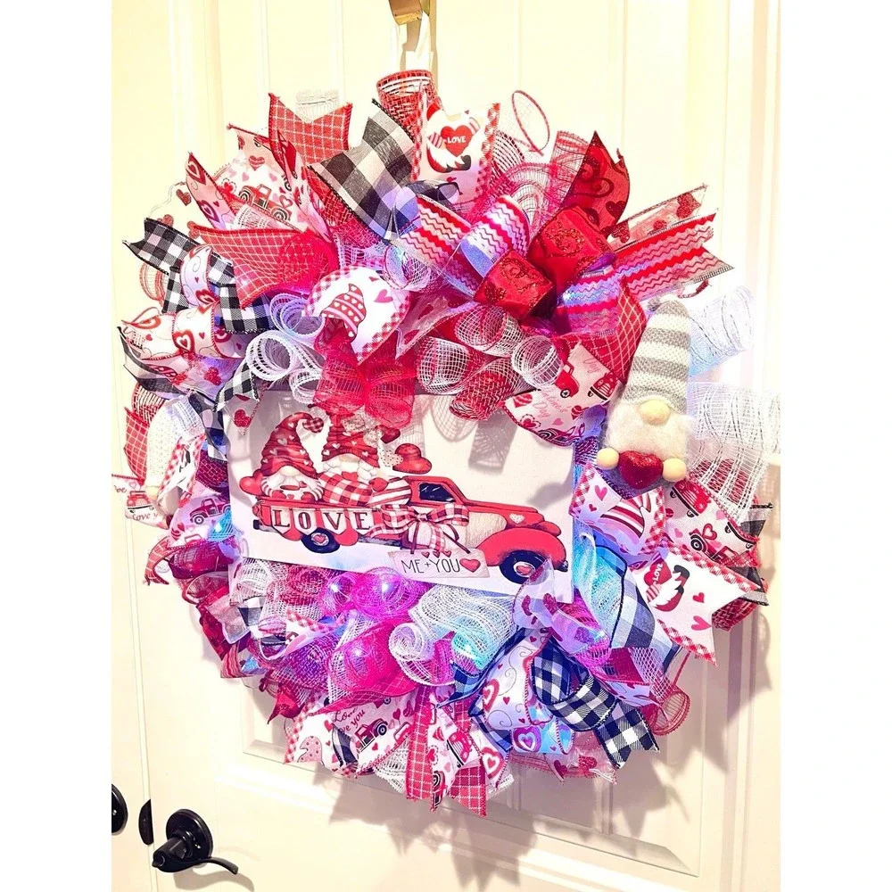 Handmade Valentine’s Gnome LOVE Truck Ribbon Prelit Wreath 22 ins LED W14